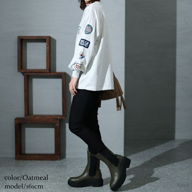 大きいサイズ レディース 袖ワッペンクルーネックトップス　cros-140122 【メール便可】