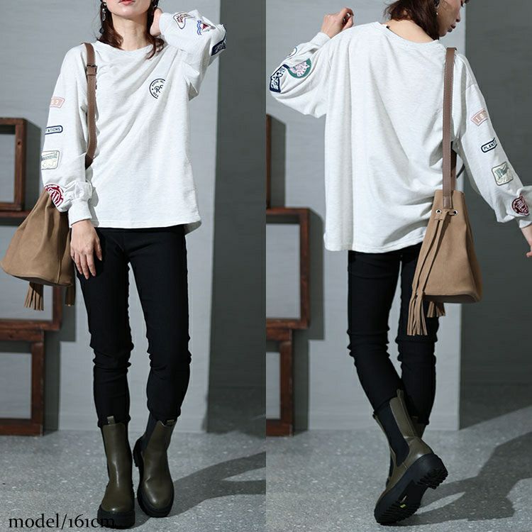 大きいサイズ レディース 袖ワッペンクルーネックトップス　cros-140122 【メール便可】