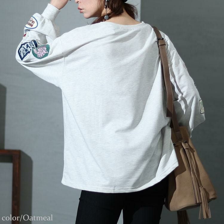 大きいサイズ レディース 袖ワッペンクルーネックトップス　cros-140122 【メール便可】 オートミール