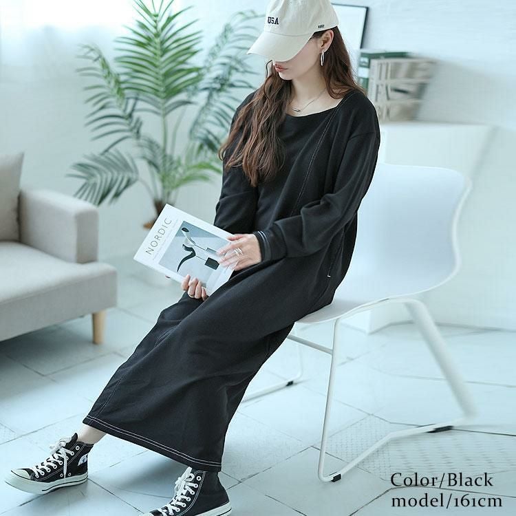 大きいサイズ レディース バックポケット付きステッチワンピース　bro-0028 ブラック