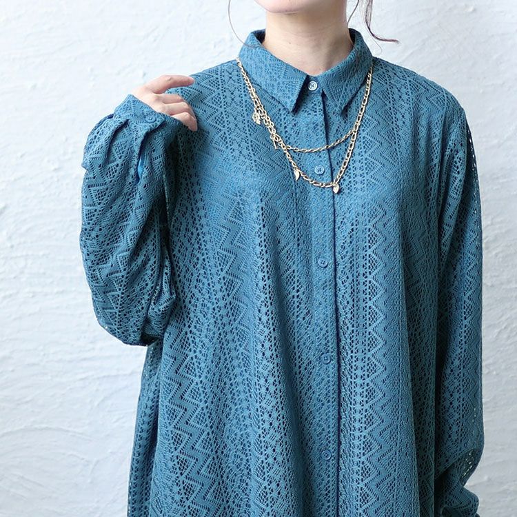 大きいサイズ レディース フェイクレイヤードレースシャツワンピース　bro-0025