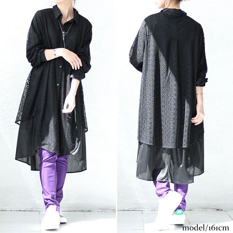 大きいサイズ レディース フェイクレイヤードレースシャツワンピース　bro-0025