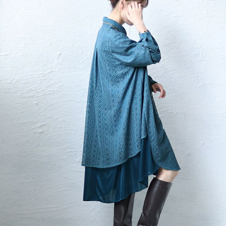 大きいサイズ レディース フェイクレイヤードレースシャツワンピース　bro-0025