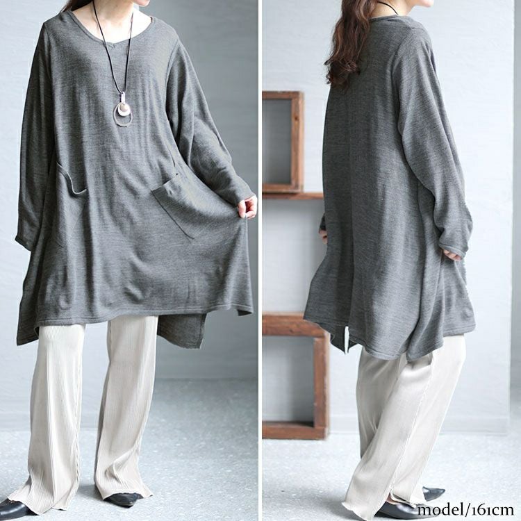 大きいサイズ レディース Vネックイレギュラーヘムチュニック　fem-409