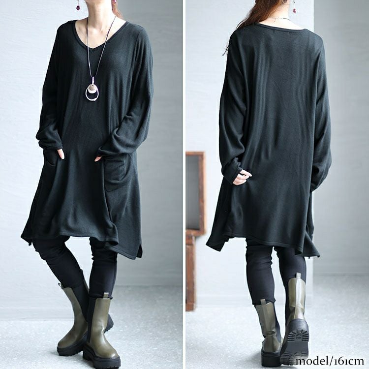 大きいサイズ レディース Vネックイレギュラーヘムチュニック　fem-409