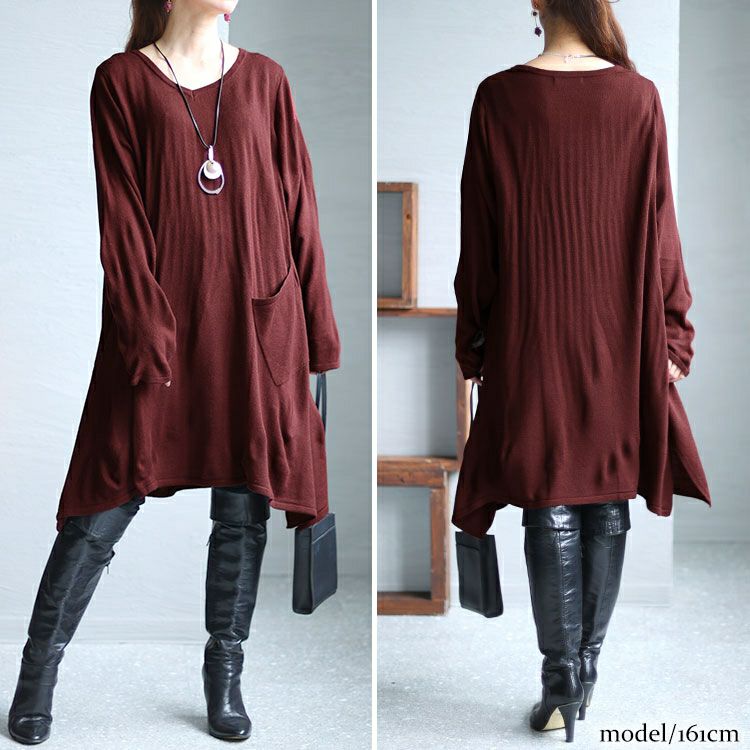大きいサイズ レディース Vネックイレギュラーヘムチュニック　fem-409
