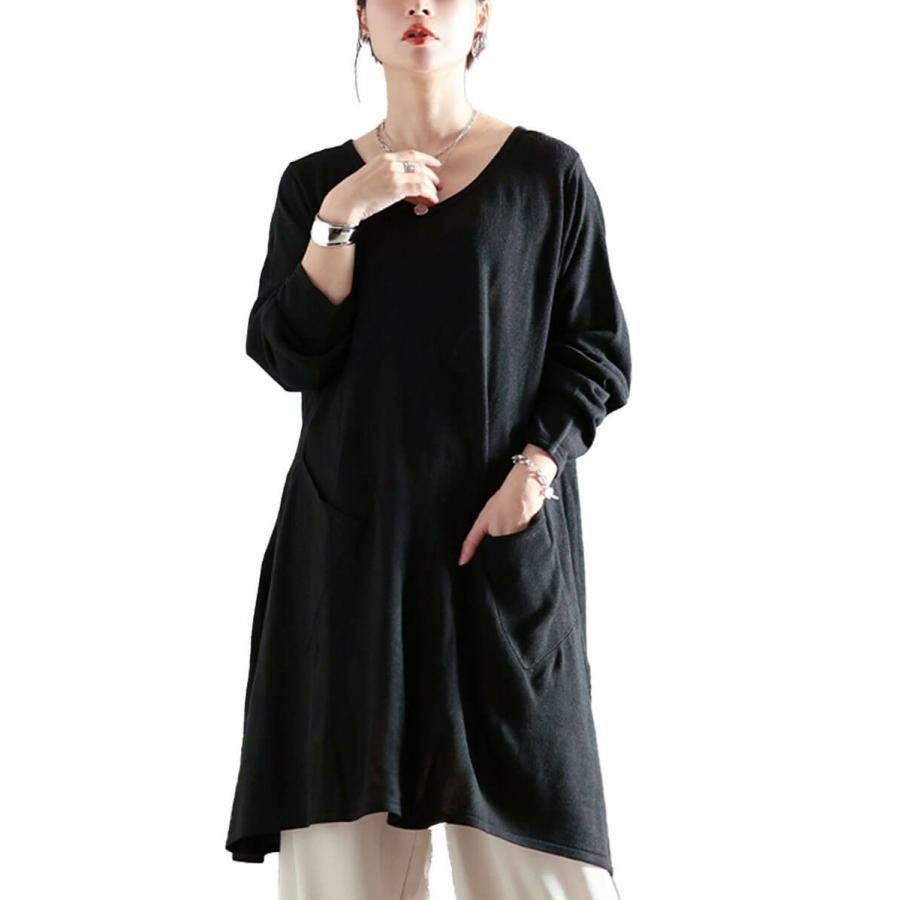 大きいサイズ レディース Vネックイレギュラーヘムチュニック　fem-409 ブラック