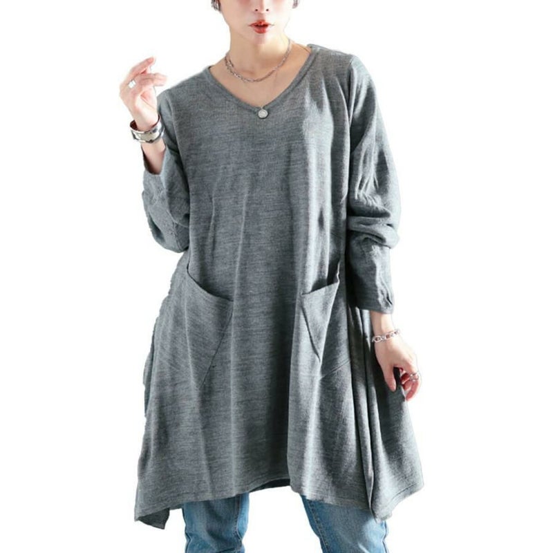 大きいサイズ レディース Vネックイレギュラーヘムチュニック　fem-409 グレー