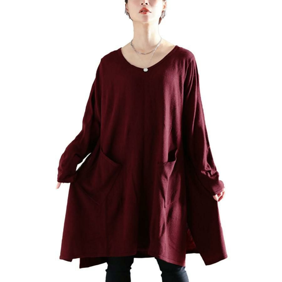 大きいサイズ レディース Vネックイレギュラーヘムチュニック　fem-409 ワイン