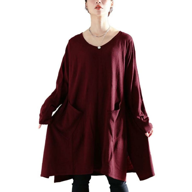 大きいサイズ レディース Vネックイレギュラーヘムチュニック　fem-409 ワイン