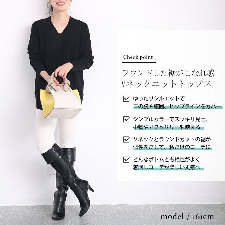 大きいサイズ レディース Vネックラウンドカットニットトップス　kt-43001