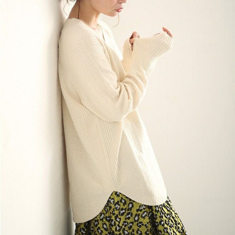 大きいサイズ レディース Vネックラウンドカットニットトップス　kt-43001