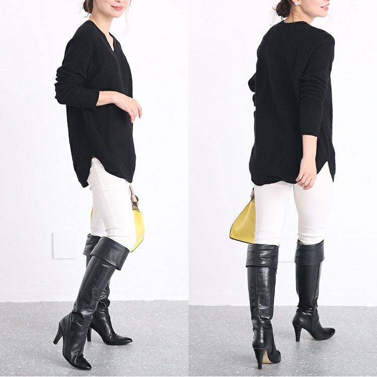 大きいサイズ レディース Vネックラウンドカットニットトップス　kt-43001