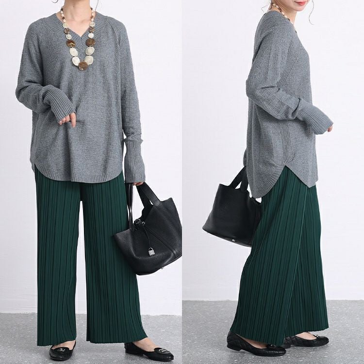 大きいサイズ レディース Vネックラウンドカットニットトップス　kt-43001