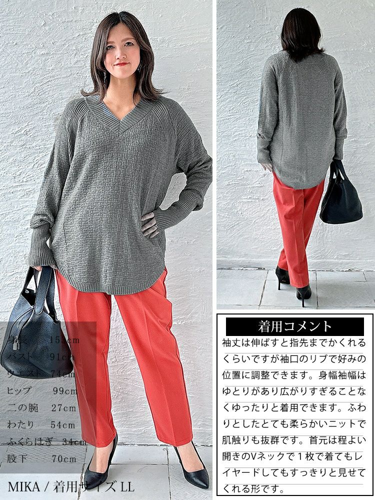 大きいサイズ レディース Vネックラウンドカットニットトップス　kt-43001