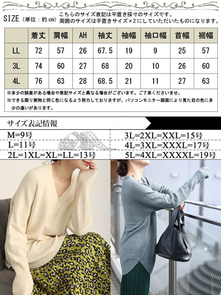 大きいサイズ レディース Vネックラウンドカットニットトップス　kt-43001