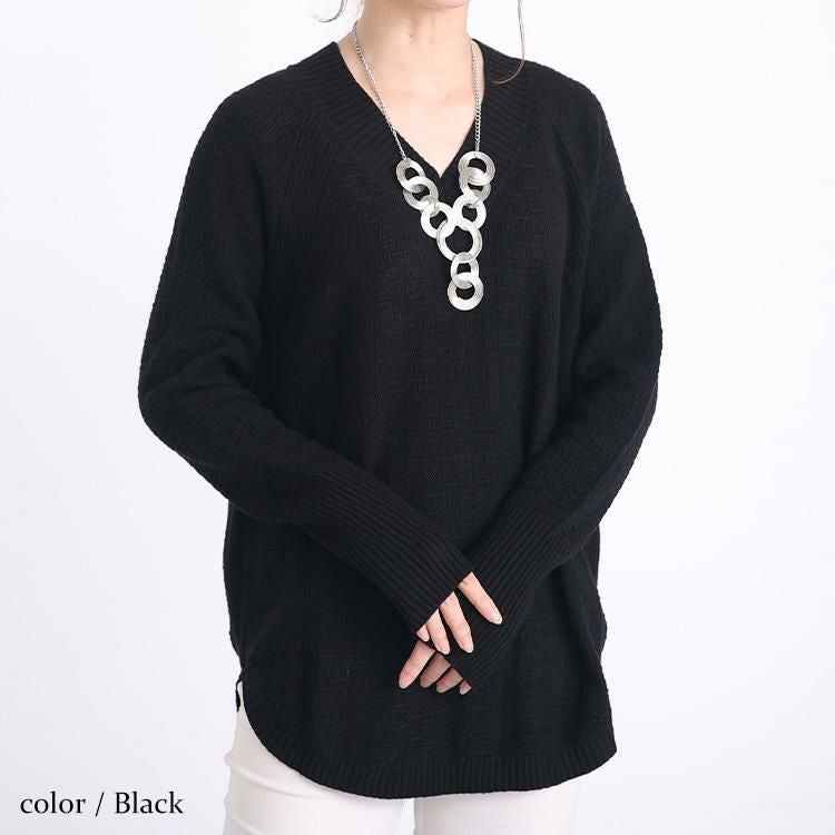 大きいサイズ レディース Vネックラウンドカットニットトップス　kt-43001 ブラック