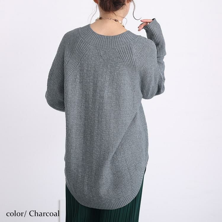 大きいサイズ レディース Vネックラウンドカットニットトップス　kt-43001 チャコール