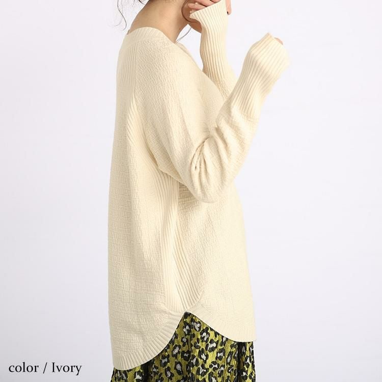 大きいサイズ レディース Vネックラウンドカットニットトップス　kt-43001 アイボリー