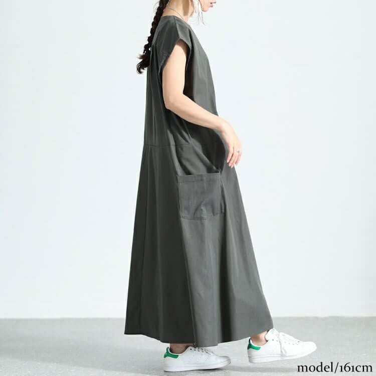 大きいサイズ レディース サイドポケット付きフレンチスリーブワンピース　nw-23036