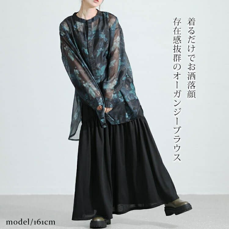 大きいサイズ レディース オーガンジープリントブラウス　nw-23032 【メール便可】