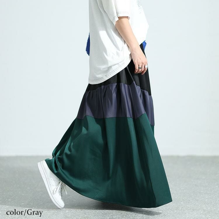大きいサイズ レディース サテン切り替え配色スカート　sw-0576 グリーン