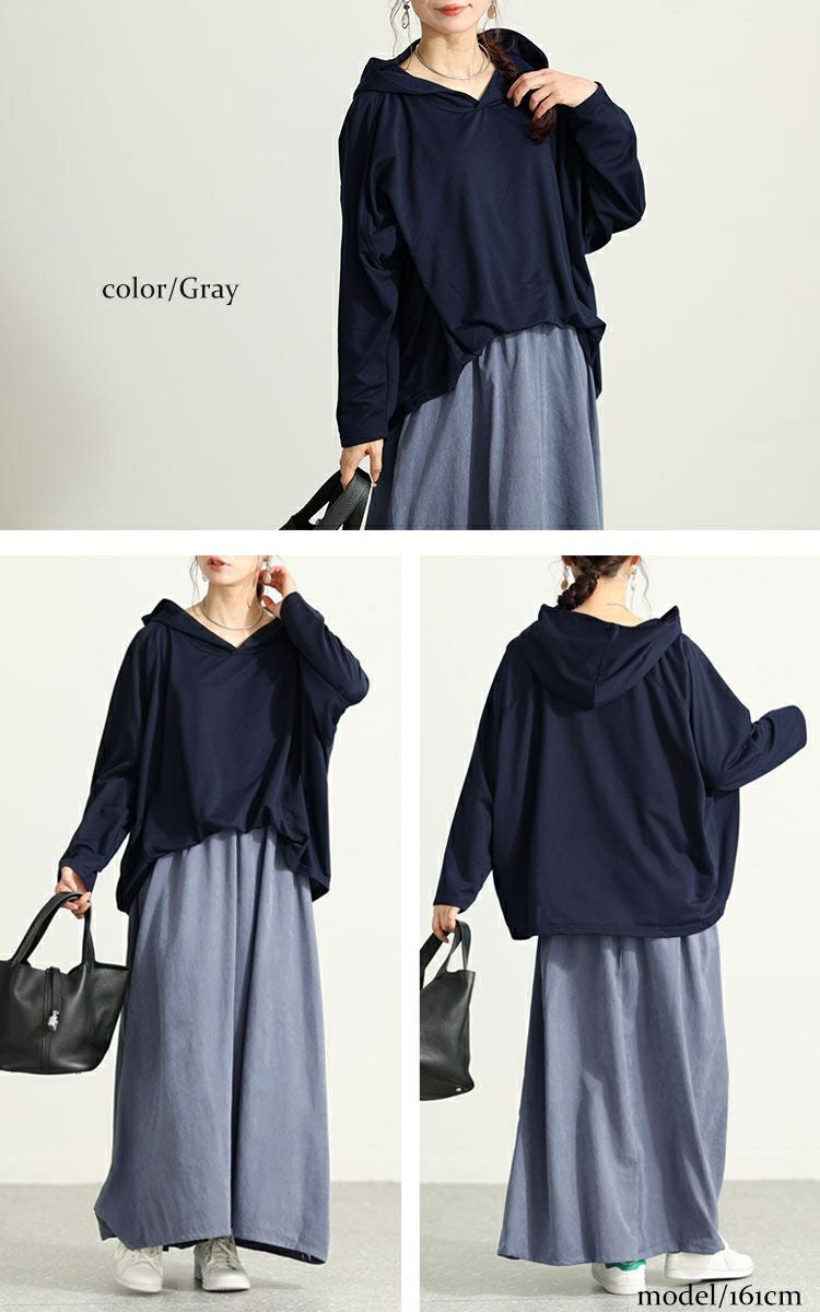 大きいサイズ レディース フード付きドルマン袖ドッキングワンピース　sw-0574