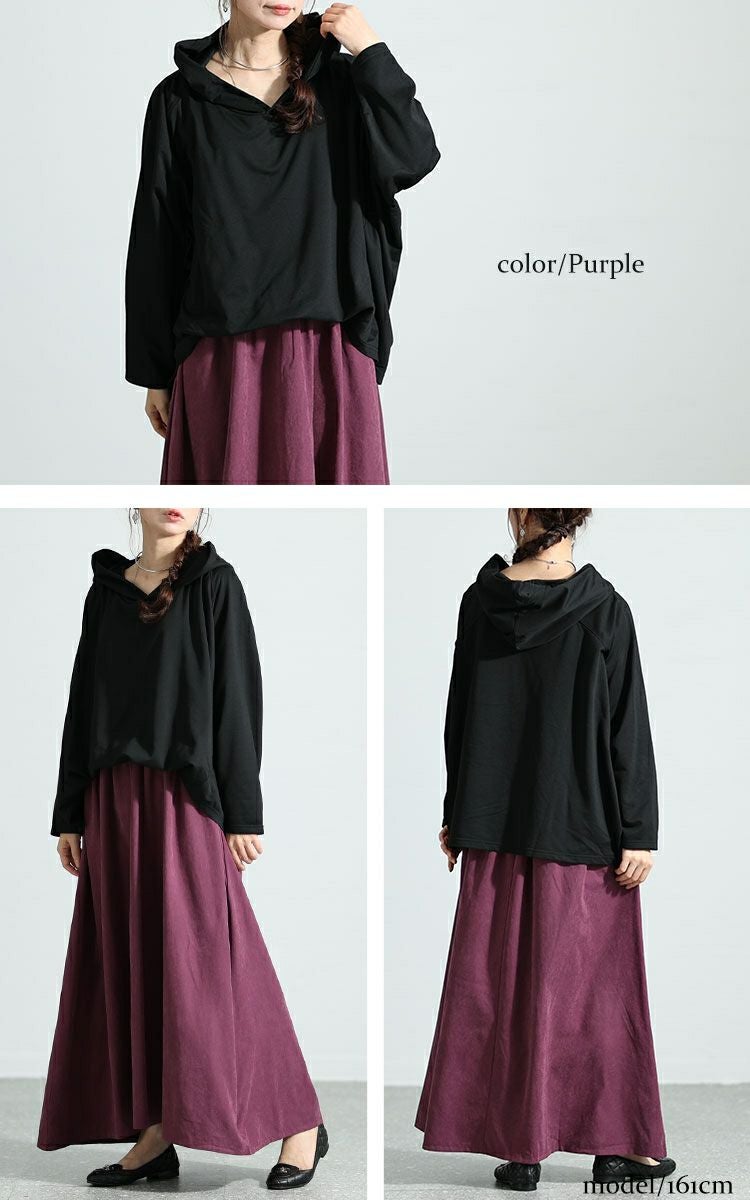 大きいサイズ レディース フード付きドルマン袖ドッキングワンピース　sw-0574