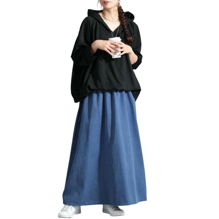 大きいサイズ レディース フード付きドルマン袖ドッキングワンピース　sw-0574 ブルー