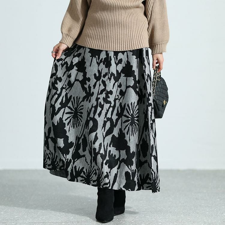 大きいサイズ レディース 花柄ジャガード編みニットスカート　bro-0023 グレー