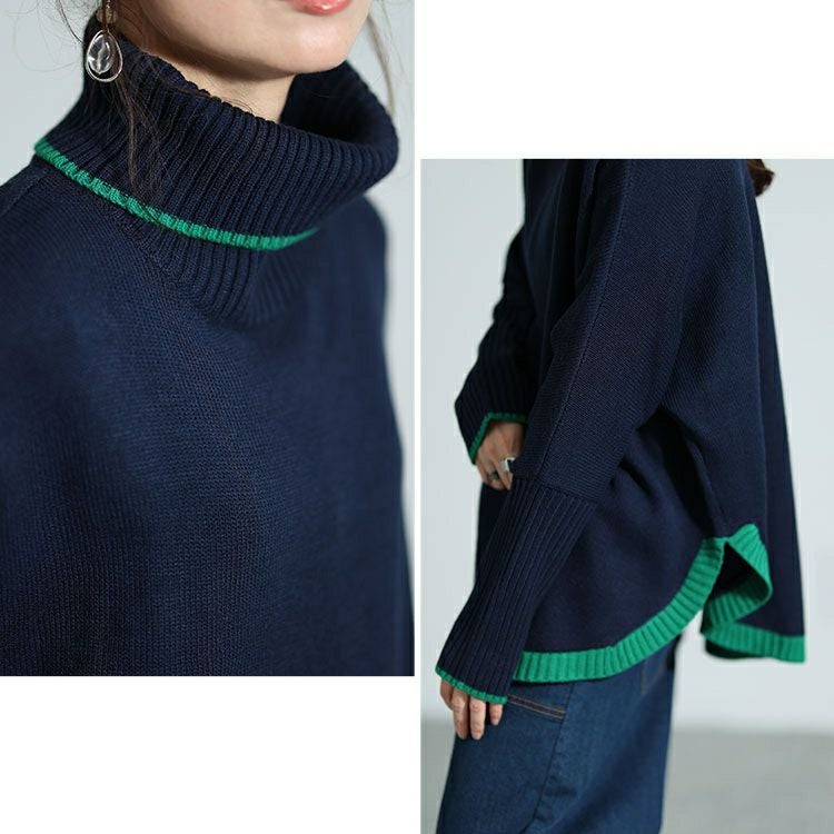 大きいサイズ レディース 配色タートルネックドルマンニット　bro-0018