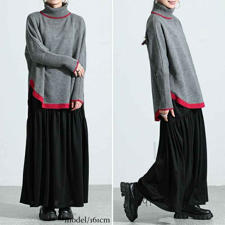 大きいサイズ レディース 配色タートルネックドルマンニット　bro-0018