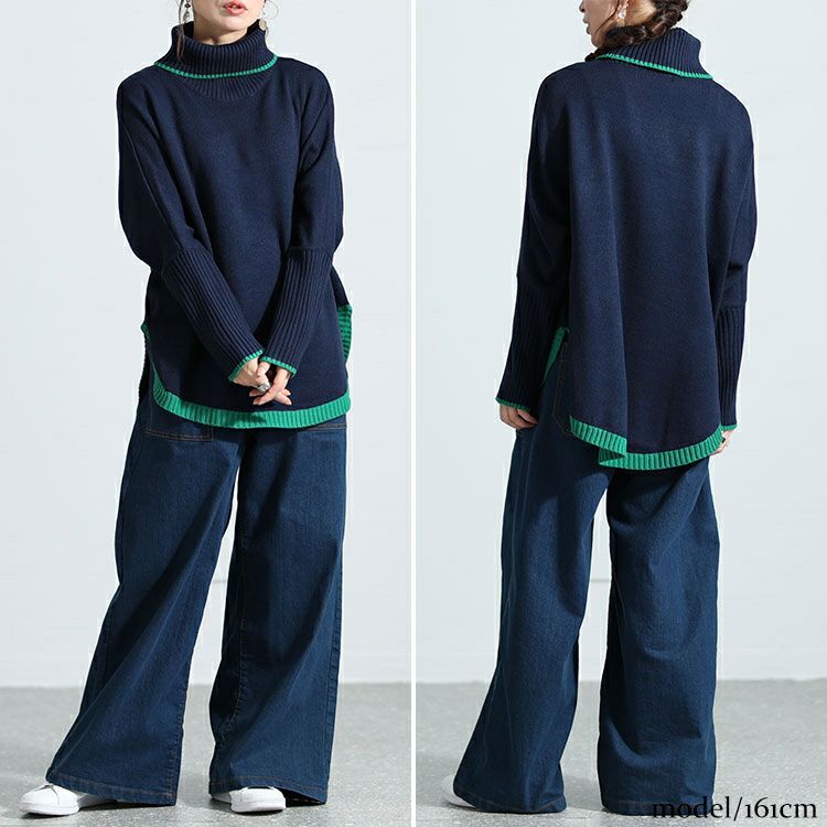 大きいサイズ レディース 配色タートルネックドルマンニット　bro-0018