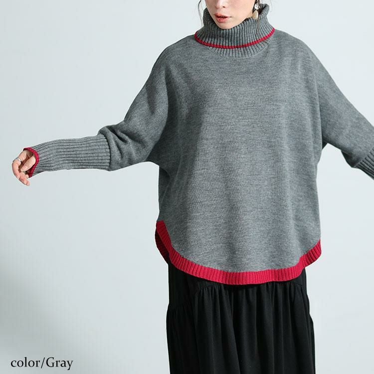大きいサイズ レディース 配色タートルネックドルマンニット　bro-0018 グレー