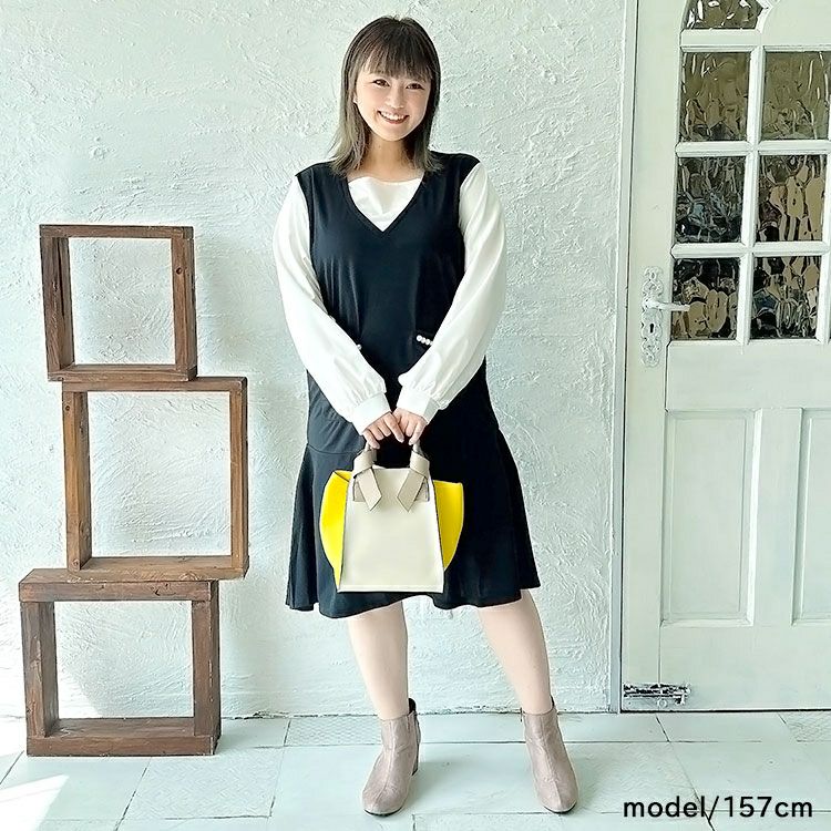 大きいサイズ レディース フェイクレイヤードパールボタン付きワンピース　mncut-132551