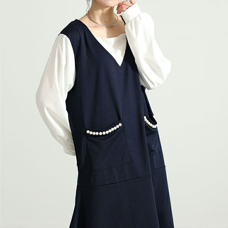 大きいサイズ レディース フェイクレイヤードパールボタン付きワンピース　mncut-132551