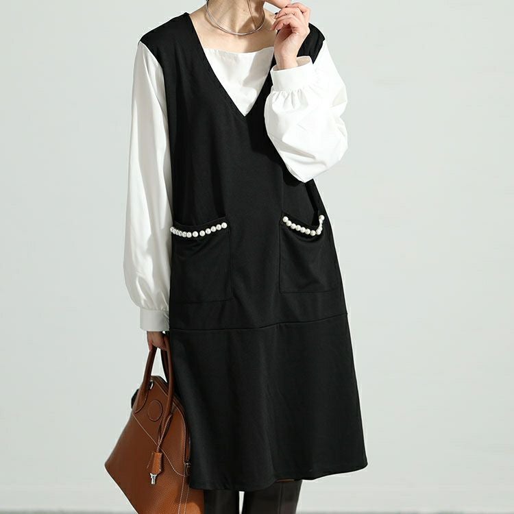 大きいサイズ レディース フェイクレイヤードパールボタン付きワンピース　mncut-132551