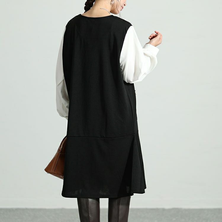 大きいサイズ レディース フェイクレイヤードパールボタン付きワンピース　mncut-132551