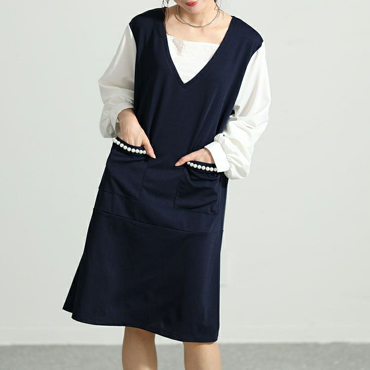 大きいサイズ レディース フェイクレイヤードパールボタン付きワンピース　mncut-132551