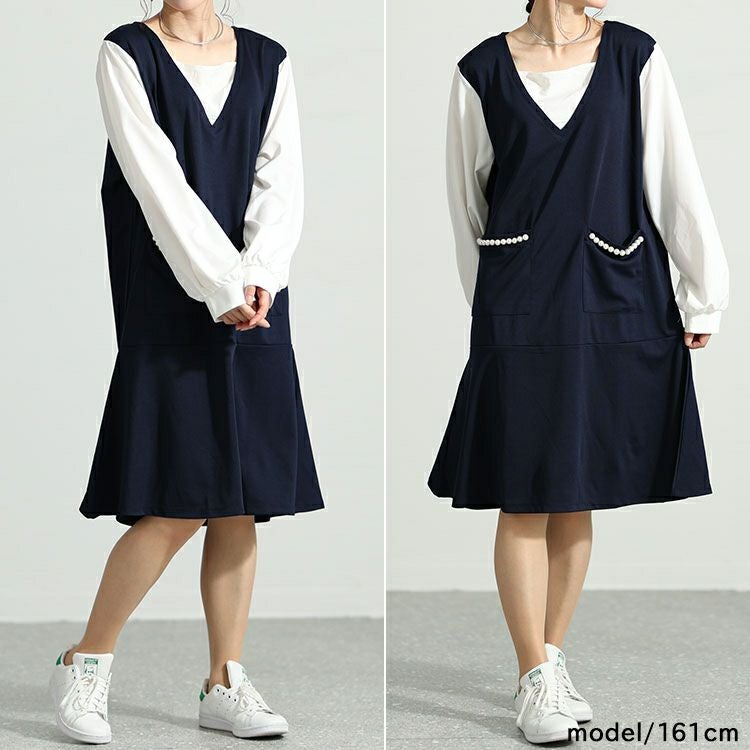 大きいサイズ レディース フェイクレイヤードパールボタン付きワンピース　mncut-132551