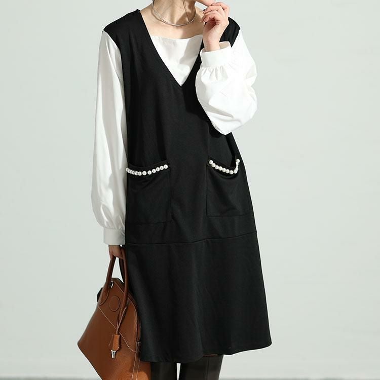 大きいサイズ レディース フェイクレイヤードパールボタン付きワンピース　mncut-132551 ブラック