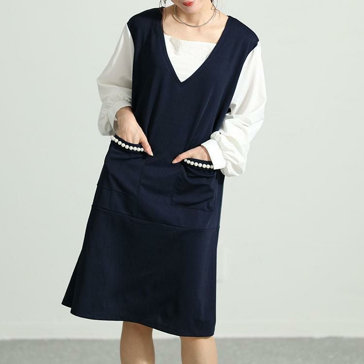 大きいサイズ レディース フェイクレイヤードパールボタン付きワンピース　mncut-132551 ネイビー