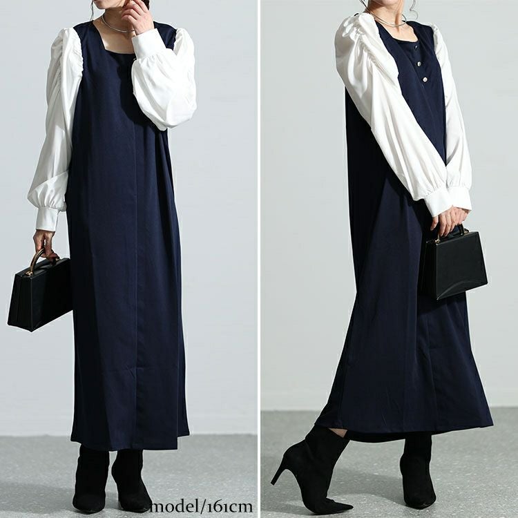 大きいサイズ レディース パワショル切替えスクエアネックワンピース　mncut-132550