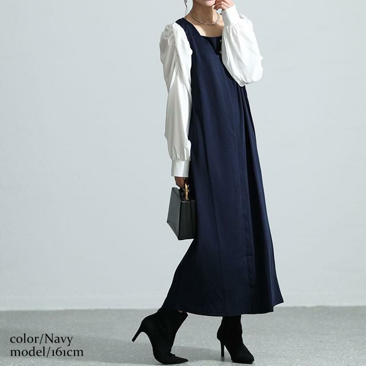 大きいサイズ レディース パワショル切替えスクエアネックワンピース　mncut-132550 ネイビー