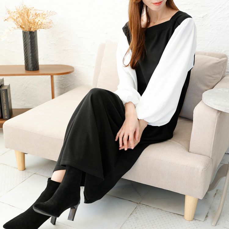 大きいサイズ レディース 異素材切替えニットワンピース　fem-399