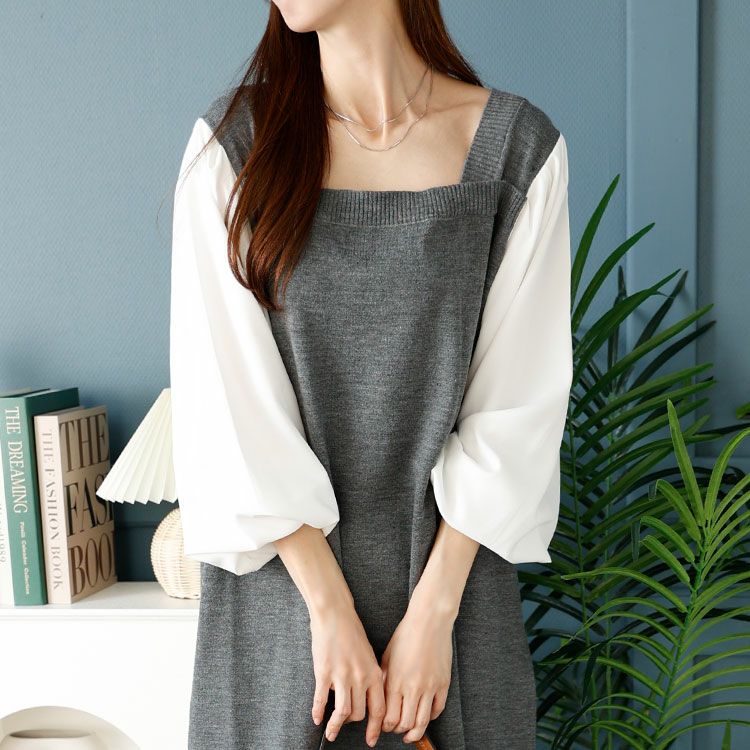 大きいサイズ レディース 異素材切替えニットワンピース　fem-399