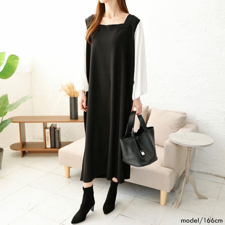 大きいサイズ レディース 異素材切替えニットワンピース　fem-399