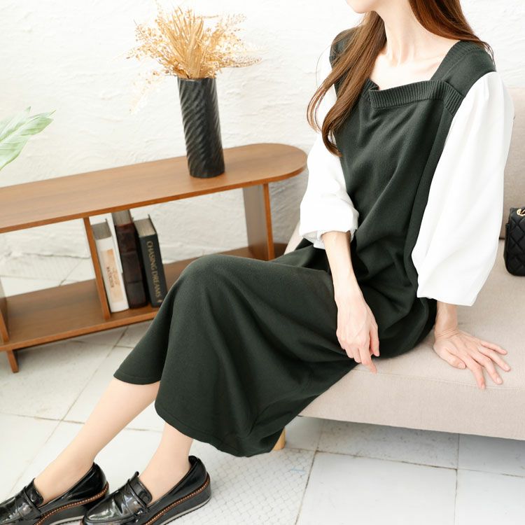 大きいサイズ レディース 異素材切替えニットワンピース　fem-399