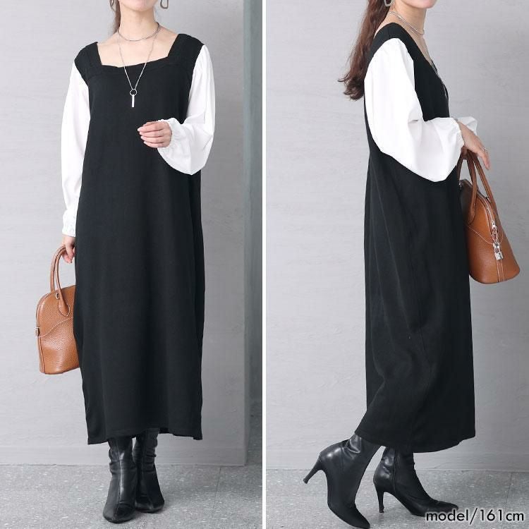 大きいサイズ レディース 異素材切替えニットワンピース　fem-399 ブラック