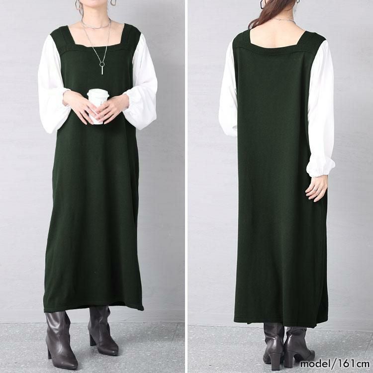 大きいサイズ レディース 異素材切替えニットワンピース　fem-399 モスグリーン